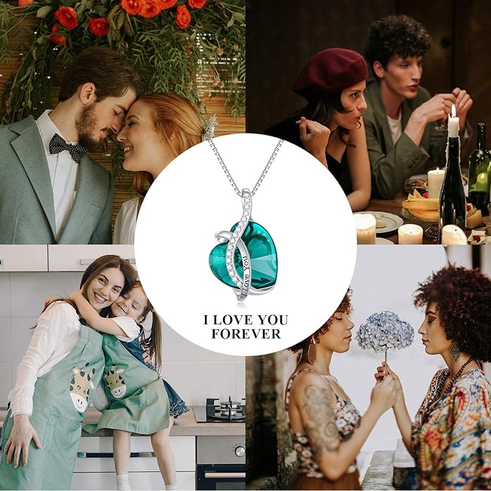 AOBOCO I Love You Sterling Silver 12 Birthstone Heart Pendant Necklace Embellished with Crystals from Austria, Mother's Day Anniversary Birthday Jewelry Christmas Gifts for Women Grandma Nana