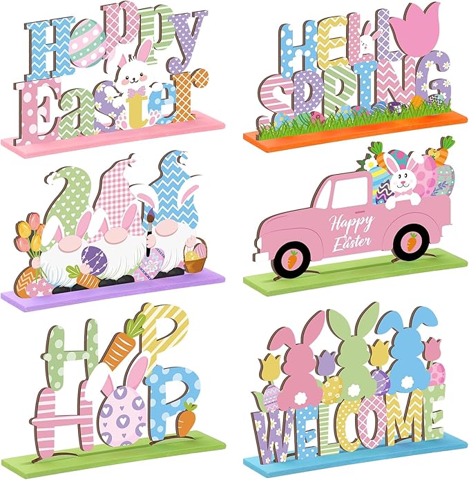 Hoolerry 6 Pcs Easter Table Decorations Wooden Happy Easter Table Centerpieces Hello Spring Colorful Egg Bunny Tabletop Signs for Dinner Party Indoor Outdoor Decor