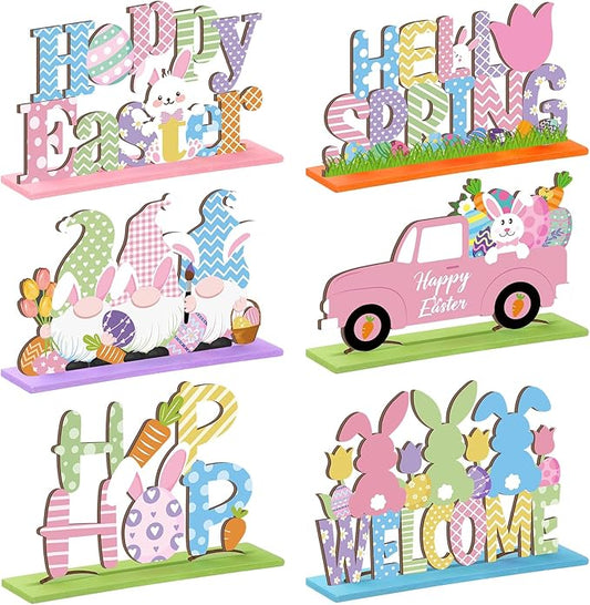 Hoolerry 6 Pcs Easter Table Decorations Wooden Happy Easter Table Centerpieces Hello Spring Colorful Egg Bunny Tabletop Signs for Dinner Party Indoor Outdoor Decor