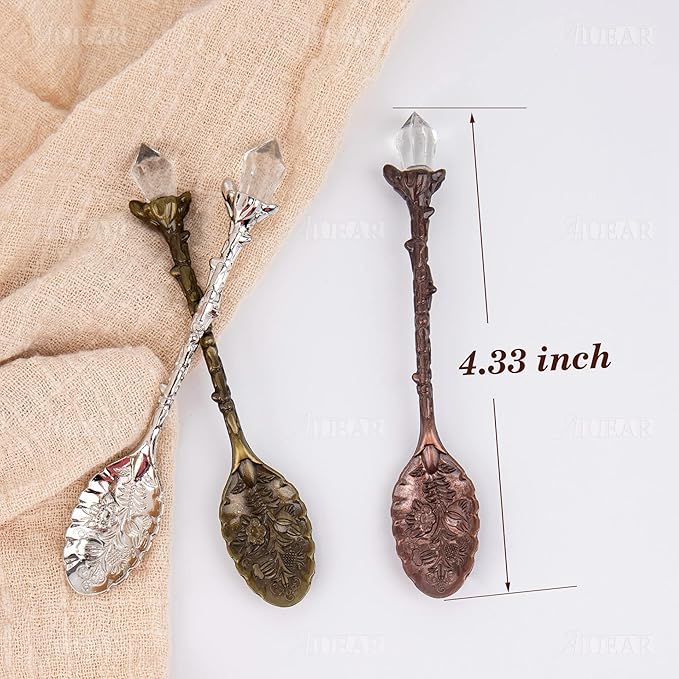 AUEAR, 4 Pack Retro Coffee Tea Crystal Spoon Antique Alloy Carved Spoons for Tableware 4 Colors