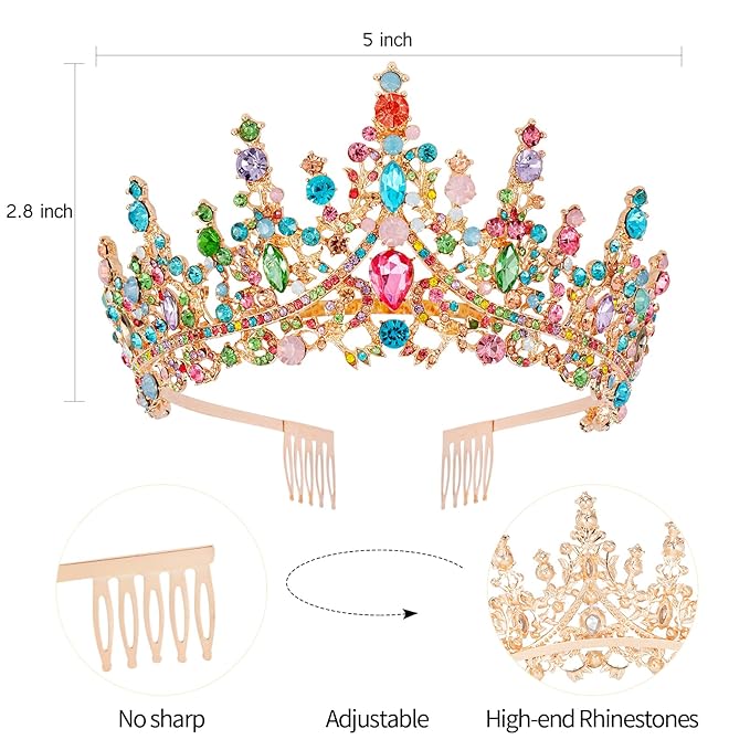 Velscrun Rainbow Color Crystal Birthday Tiara Crowns for Women Girls Elegant Princess Crown with Combs Birthday Girl Headband Sash Happy Birth Party Decorations Birth Gift Hair Accessories