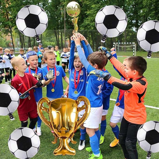 Soccer Party Balloons Set, 32 Inch Champion Trophy Mylar Foil Balloon and 6pcs Football Helium Foil Balloons, Sport Decor for Boys Kids Soccer Ball Fans Birthday Party Decoration Supplies
