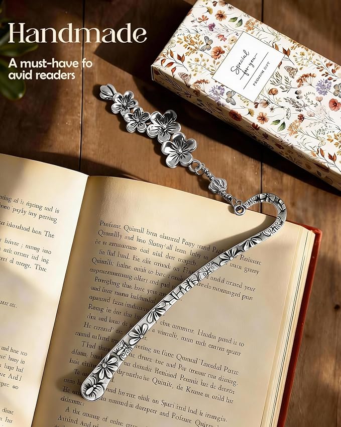Buleens Bookmarks for Women Reading - Book Marks for Readers Book Lovers, Silver Feather Cherry Flower Personalized Metal Bookmark with Pendants, Pretty and Aesthetic Book Accessories Reading Gifts