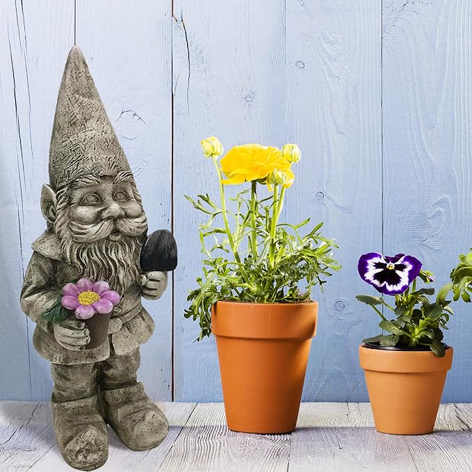 Design House 395848 Indoor/Outdoor Gnome with Flower Pot and Shovel Figurine Statue for Garden Patio Home & Office Décor Housewarming Gifting Birthdays, 7.5 L x 6.9 W x 18.5 H, Multicolor