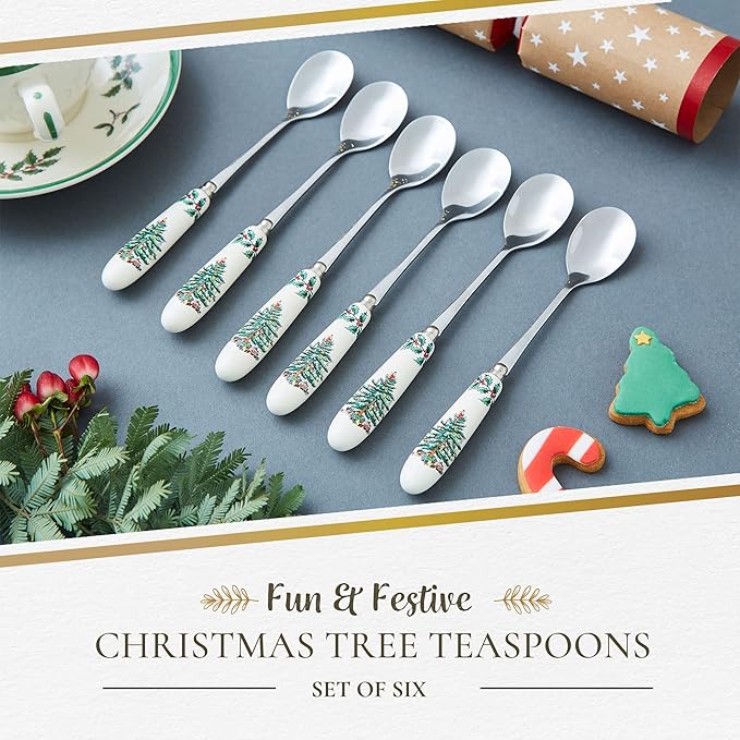 Spode Christmas Tree Teaspoons – Set of 6, Holiday Silverware for Desserts & Beverages, Stainless Steel Flatware with Porcelain Handles, 6-Inch Festive Dessert Spoons, Gift-Boxed