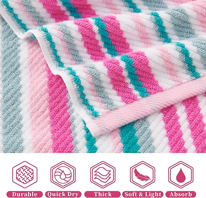 VOOVA & MOVAS Cotton Hand Towels Set of 4, 16"x27" - Quick Dry, Soft & Absobent & Lightweight, Striped Hand Towels for Bathroom & Showering, Luxury Towel Gift Set, Pink and Teal Stripe