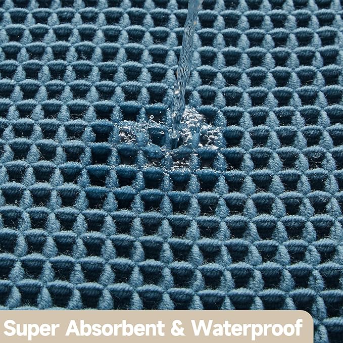 Waffle Bath Mat, Boho Bathroom Rugs Non Slip Washable Super Absorbent Quick Dry Bath Mat Farmhouse Bathroom Decor, 48"x24" Denim Blue