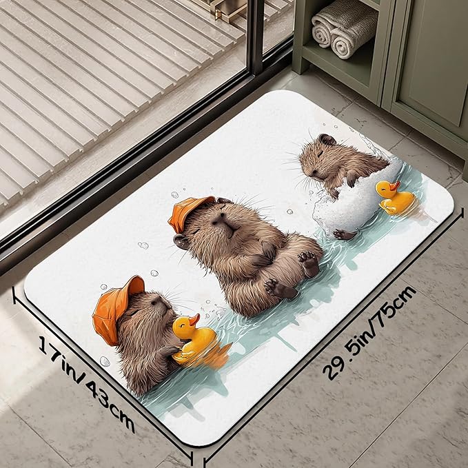 Cute Capybaras Swim Bath Mat 29.5"x17",Slim Low-Profile Fast Drying Super Absorbent Bathroom Rug with Non-Slip Backing, Easy-Clean Modern Floor Mat for Tub, Shower, or Entryway