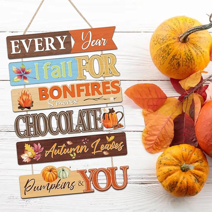 CHDITB Fall Themed Wooden Sign, Autumn Leaves Wooden Hanging Plaque, Pumpkin Bonfire Fall Front Door Hanger, Chocolate S'Mores Autumn Wall Sign Art Hanger for Halloween, Thanksgiving Party Wall Decor