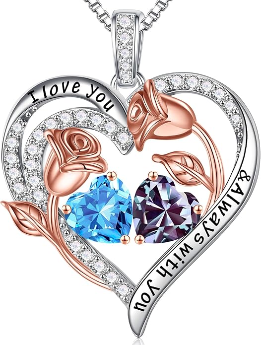 Iefil Valentines Day Gifts for Her - 925 Sterling Silver Rose Heart Birthstone Necklace Birthday Anniversary Jewelry Gifts for Her Wife Mom Daughter