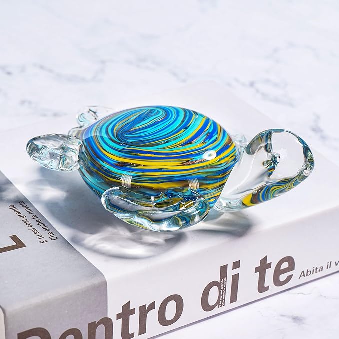 QFkris 6" Hand Blown Glass Sea Turtle Figurine, Crystal Ocean Creatures Statue, Glass Turtle Sculpture for Home Decor, Birthday Present, for Women