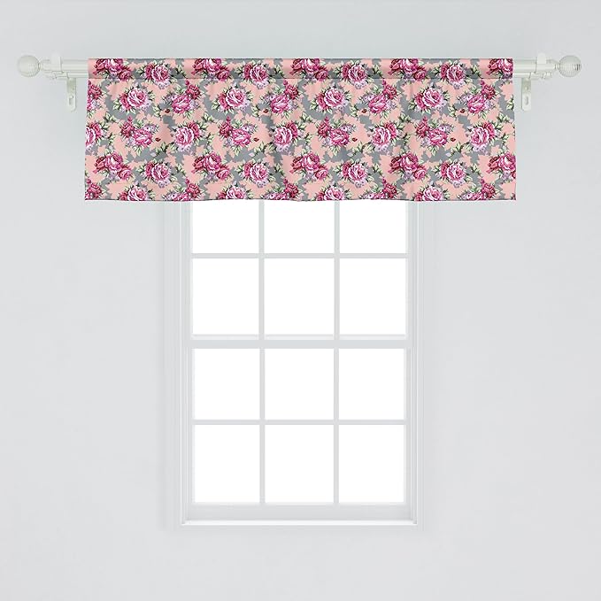 Ambesonne Peony Window Valance, Repetitive Vibrant Tones Modernized Flowers Print, Curtain Valance for Kitchen Bedroom Decor with Rod Pocket, 42" x 18", Pink Blush Grey