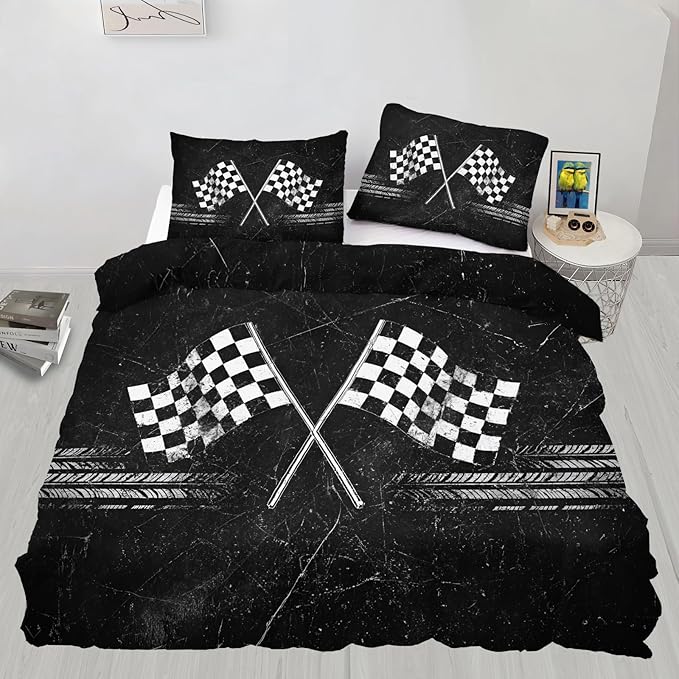 Racing Flag Bedding Set Oversized King Vintage Racing Checkered Flag Duvet Cover Retro Race Track Comforter Cover Race-Themed Teen Bed Set with Pillowcases for Bedroom