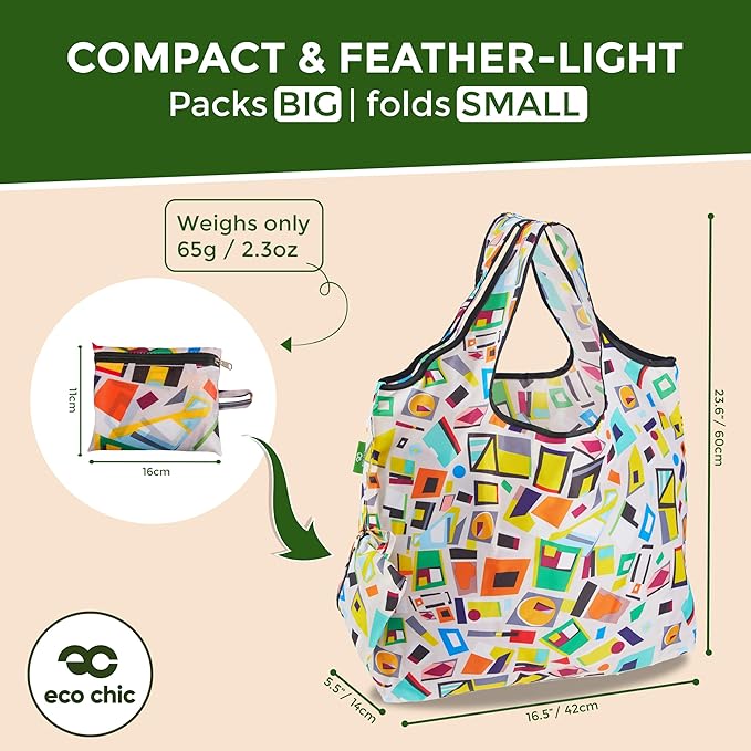ECO CHIC Foldable Reusable Large Recycled Grocery Bags Lightweight Shopping Tote Bags with Storage Pouch - Collection of 4 bags