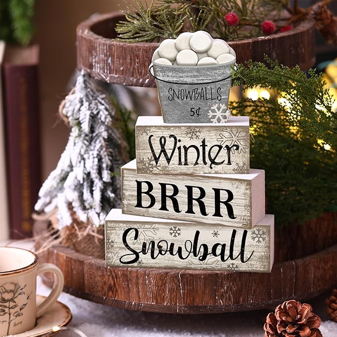 4 Pcs Winter Table Decorations Winter Tiered Tray Decor Christmas Table Centerpiece Rustic Decorative Snowball Snow Bucket Block Sign Farmhouse Christmas Decorations for Home Kitchen Shelf
