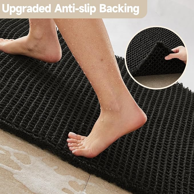 Black Bathroom Rug, Waffle Bath Mat Non Slip Washable Super Absorbent Quick Dry Boho Farmhouse Bathroom Decor, 36"x24"/ 3'x2' Black