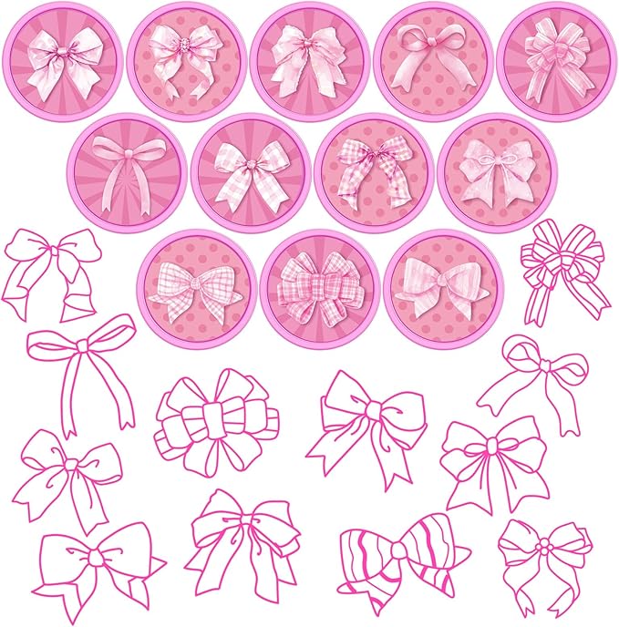 Cinrobiye 24 Pcs Pink Bow Party Favor Stampers,Coquette Pink Bow Party Supplies, Coquette Bow Birthday Party Favors Gifts,Classroom Rewards Carnival Prizes, Goodie Bag Pinata Fillers