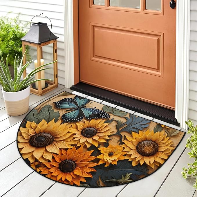 Retro Sunflower Half Round Door Mat Butterfly Non Slip Bath Mats Absorbent Front Porch Rugs Shower Mat for Living Room Bedroom Kitchen Bathroom Floor Home Decor