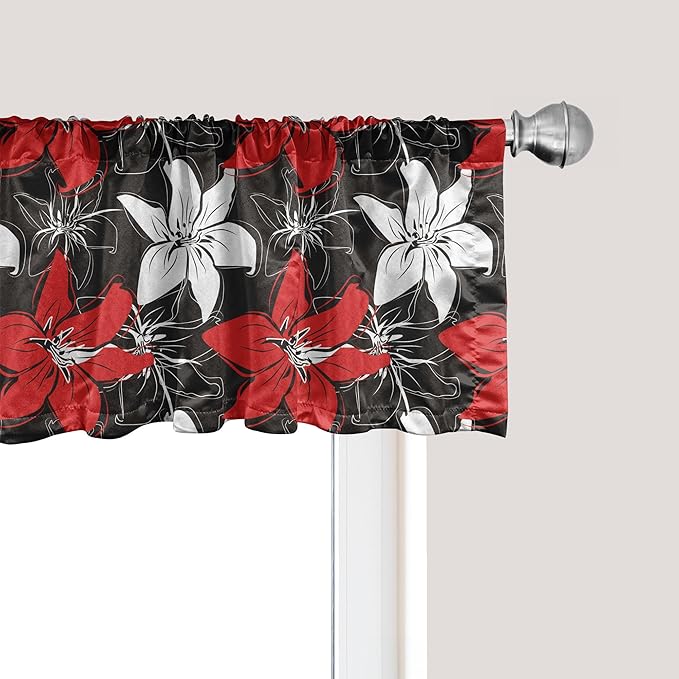 Ambesonne Floral Window Valance Pack of 2, Bedding Plants Flourishing Garden Pattern Retro Nature, Rod Pocket Curtain Valances for Kitchen Bedroom, 42" X 12", Vermilion White Black