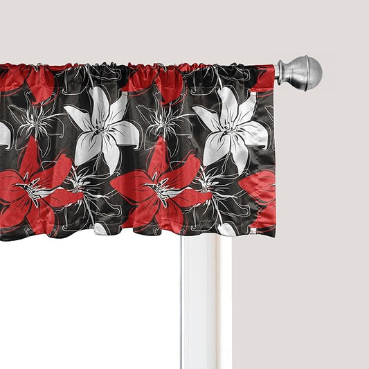 Ambesonne Floral Window Valance, Bedding Plants Flourishing Garden Pattern Retro Nature, Curtain Valance for Kitchen Bedroom Decor with Rod Pocket, 54" X 18", Vermilion White Black