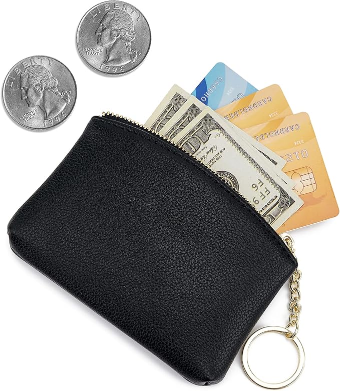 WOZEAH Artificial Leather Coin Purse Change Purse With Key Chain Ring Zipper For Men Women (A Black)