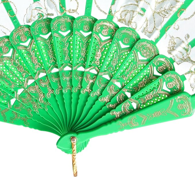 QIRMIZI 10 Pcs Rose Lace Folding Fans,Silk Folding Hand Fans, Perfect for Weddings, Parties, and Dancing,Green