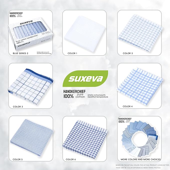 Gifts Cotton Handkerchiefs 100% Soft Cotton 12-Pack White handkerchif and Blue cotton handkerchief for Men and Women