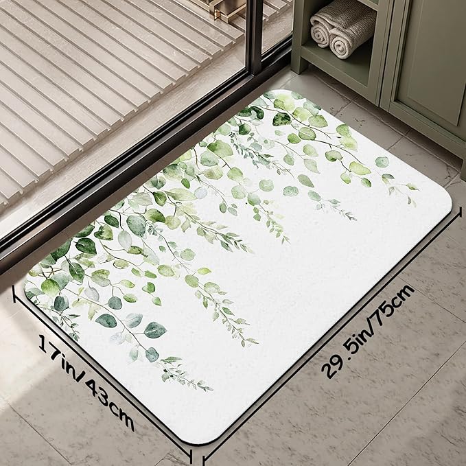 Vintage Eucalyptus Leaves Bath Mat 29.5"x17",Slim Low-Profile Fast Drying Super Absorbent Bathroom Rug with Non-Slip Backing, Easy-Clean Modern Floor Mat for Tub, Shower, or Entryway