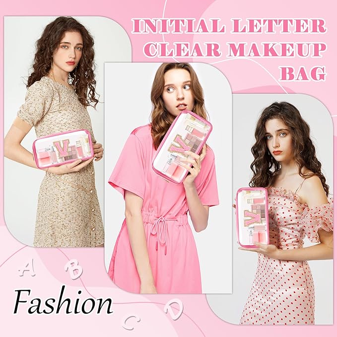Personalized Initial Letter Clear Makeup Bag,Preppy Small Nylon&PVC Cosmetic Zipper Bag with Chenille Letter,Portable Beach Travel Skincare Toiletry Bag,Trendy Monogram Gift for Teen Girls Women,V