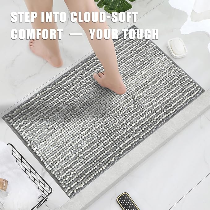 HDFK Bath Mat & Bathroom Rug - Soft Chenille Shower Mat, High Absorbency Non-Slip with Odorless Hot Melt Base Machine Washable, Low-Profile Striped Design for Bathtub Floors (24x16 Inch, Gray & White)