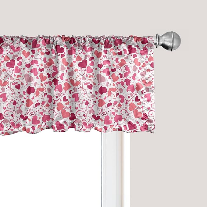 Ambesonne Love Window Valance Pack of 2, Abstract Sentimental Composition with Big Little Hearts in Pink Colors Curly Soft, Rod Pocket Curtain Valances for Kitchen Bedroom, 42" X 12", Magenta