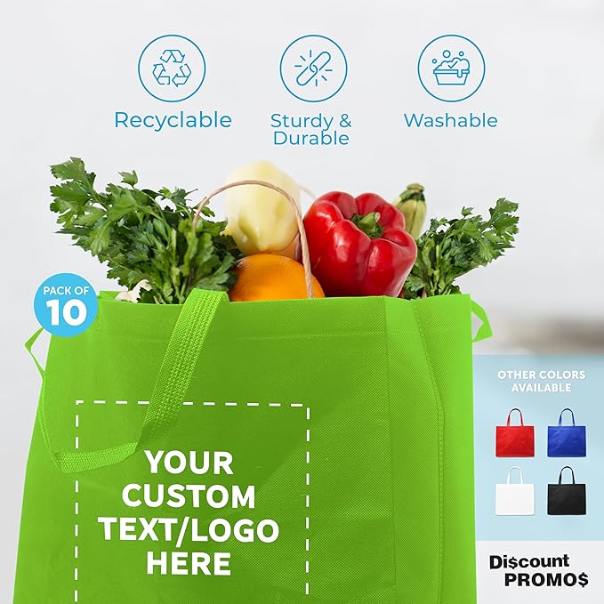 DISCOUNT PROMOS Custom Jumbo Sized Tote Bags Set of 10, Personalized Bulk Pack - Reusable Grocery Bags, Shopping Bags, Promotional Item Totes for Women - Lime Green