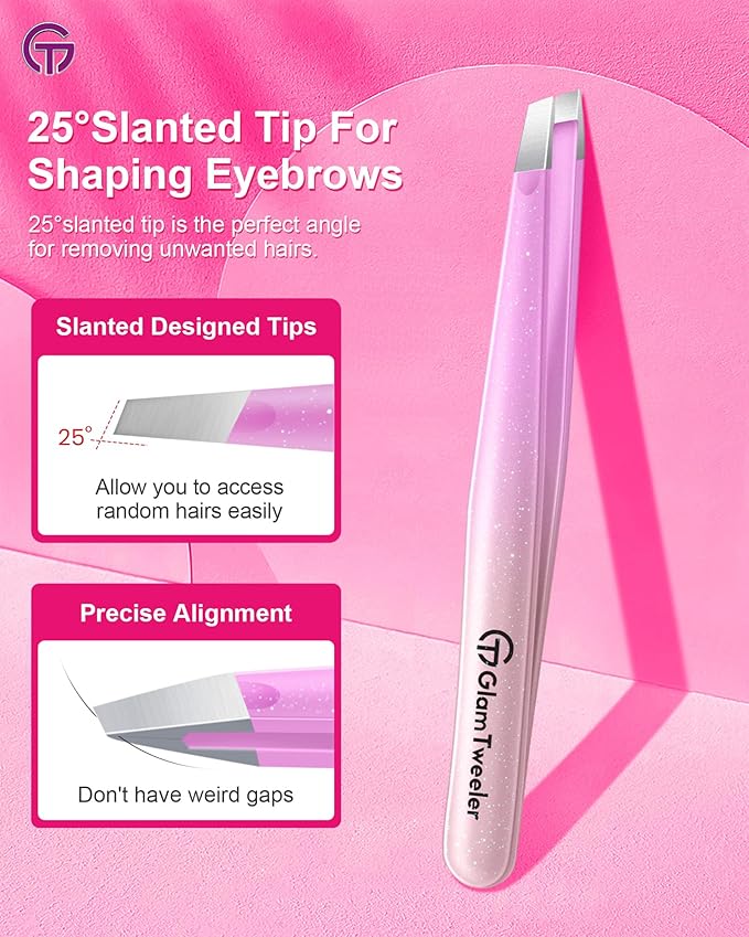 Expert Slant Tip Tweezers with Leather Travel Case, GlamTweeler Sharp & Precision Stainless Steel Tweezer for Eyebrows, Facial Hair and Fine Hairs Removal (Sparkle Violet & Peach)