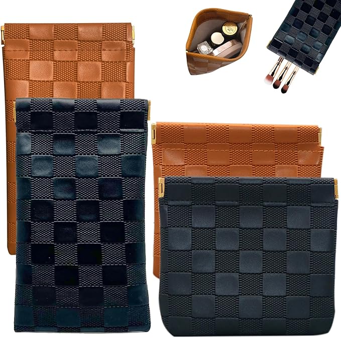 4PCS Small Makeup Bag for Purse, Mini Leather Pocket Cosmetic Bag for Women, Waterproof Portable Makeup Pouch No Zipper Coin Purse Lipstick Bag Accessories, Checkered Travel Storage Bag(Black, Brown)