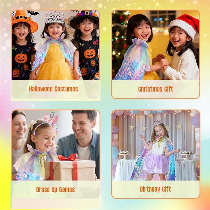 Meland Princess Dress Up for Girls 3-8, 11Pcs Mermaid Cape with Crown, Dress Up Clothes Birthday Gift Toys for Girls Toddlers