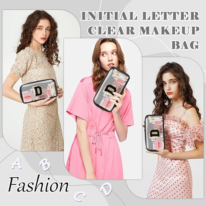Personalized Initial Letter Clear Makeup Bag,Preppy Small Nylon&PVC Cosmetic Zipper Bag with Chenille Letter,Travel Skincare Toiletry Bag,Monogram Christmas Gift for Teen Girls Women,D