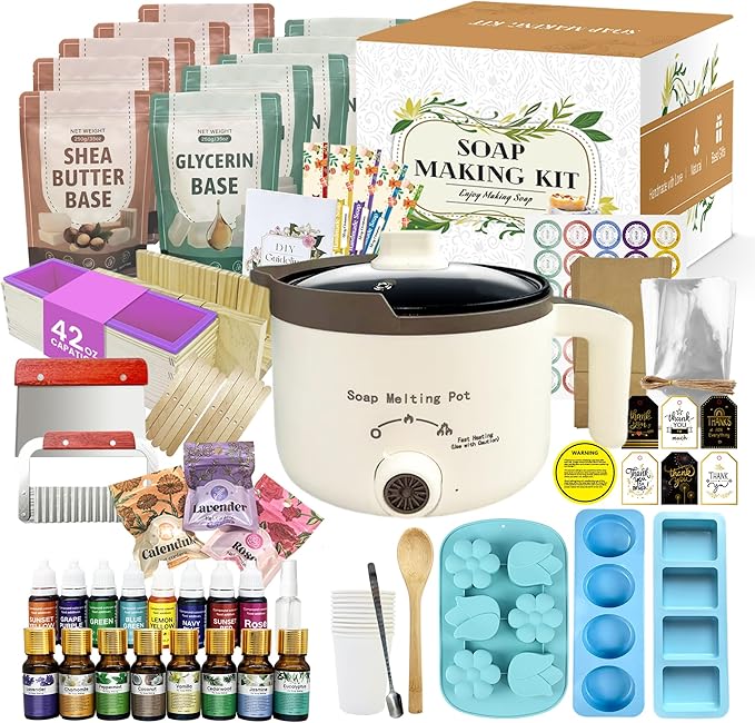 LFISGNN Deluxe Soap Making Kit for Adults DIY Soaps, DIY Soap Making Supplies Kits with Soap Melting Pot, Natural Soap Base, 8 Essential Oils, 8 Dyes, 4 Soap Molds, Packing and Supplies for Begineers