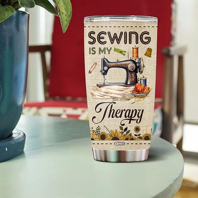 Personalized Sewing Gifts for Women Quilting Crochet Lover Mom Grandma Wife Her Stainless Steel Tumbler 20oz With Lid Sewing Therapy Travel Cup Coffee Mug Gift