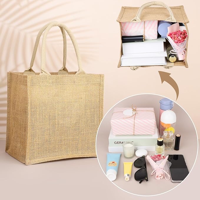 Segarty Burlap Tote Bags, 6 Pack Small White Reusable Jute Canvas Gift Favors Bag with Handles Blank Tote Bulk for Bridesmaid Wedding, Bachelorette Party, Beach Trip, Women Market Grocery Shopping