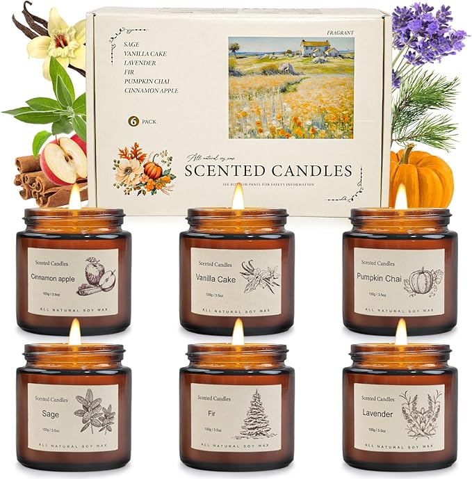 6-Pack Jar Scented Candles for Home Scented - Home Decorative Candles Gift Set, 3.5oz Soy Wax Candles for Living Room, Bathroom, Kitchen, Housewarming Gifts & Birthday Presents