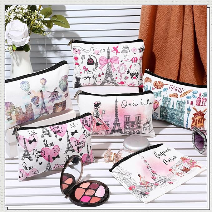 Reginary 6 Pcs City Cosmetic Bag Souvenir Gifts New York Zipper Pouch Chicago Souvenir Seattle Boston Nashville London Paris Italy Alaska Gifts Memento for Women Traveler(Paris)
