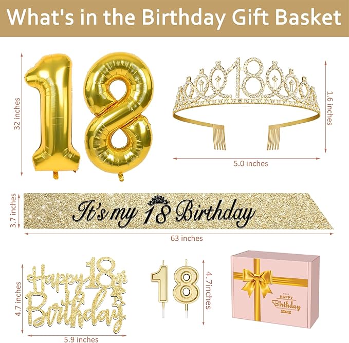 18th Birthday Decorations for Girls Gold with 18th Birthday Tiara and Sash, Cake Topper andCandles, Number Balloons, 18 Year Old Gifts for Girls