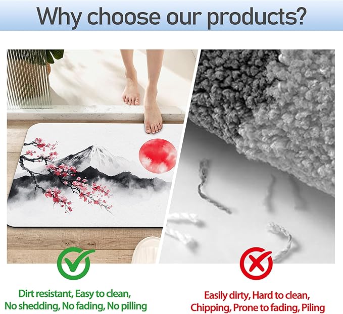 Japan Fuji Mountain Bath Mat 29.5"x17", Cherry Slim Low-Profile Fast Drying Super Absorbent Bathroom Rug with Non-Slip Backing, Easy-Clean Modern Floor Mat for Tub, Shower, or Entryway