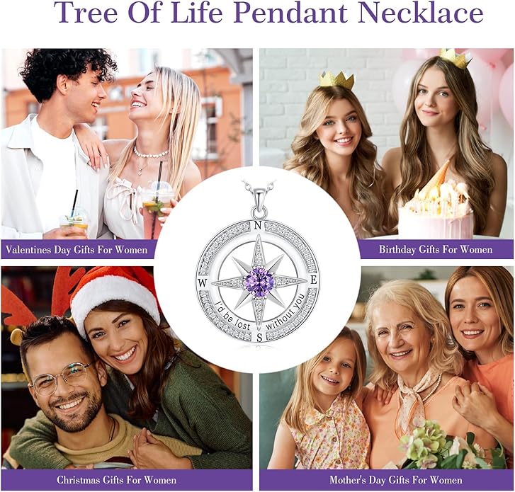 S925 Necklace Birthstone Compass Gift for Women Jewelry Sterling Silver Necklace for Wife Wedding Anniversary Girlfriend Birthday Gifts for Her Valentines Day Mom Mothers Day