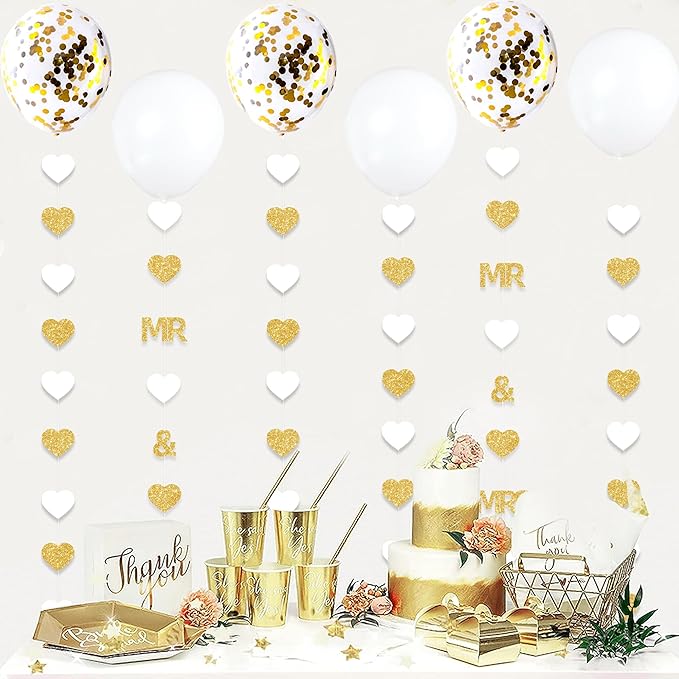 Gold Wedding Party Decorations Gold/White Heart Mr and Mrs Garland with Balloons for Bridal Shower Engagement Bachelorette Party