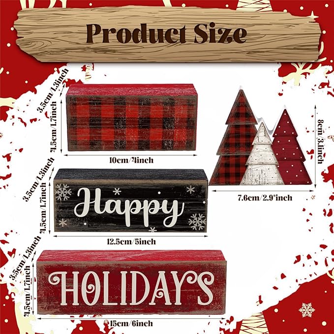 4 Pcs Christmas Table Decor Wooden Tree Decoration Christmas Centerpiece Winter Tiered Tray Decor Decorative Red and Black Buffalo Plaid Block Signs Gift Farmhouse Xmas Decoration for Kitchen