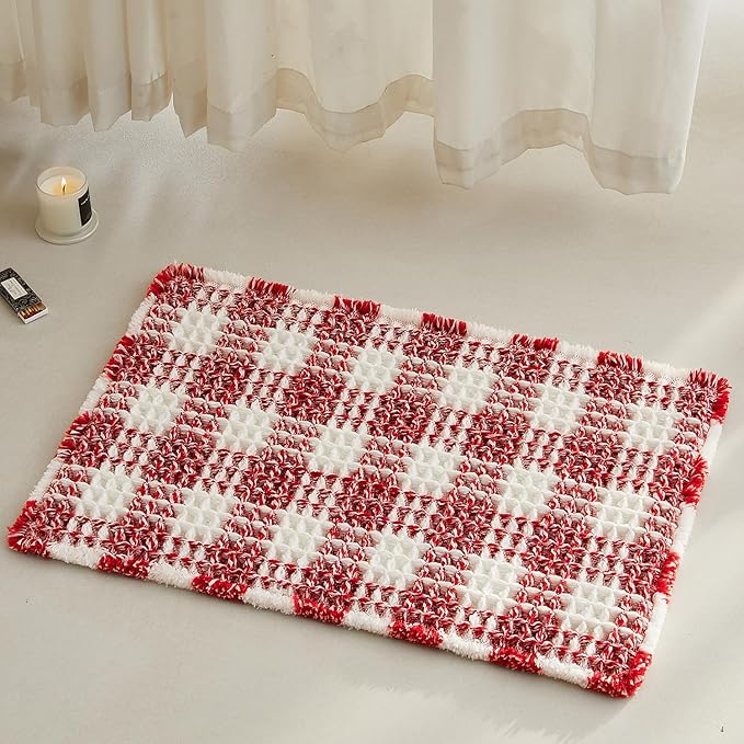 Waffle Bath Mat, Boho Christmas Bathroom Rugs Non Slip Washable Absorbent Checkered Bathroom Mat Quick Dry Cute Bath Mat, 24"x16" Red and White