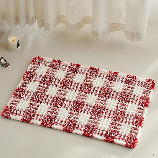 Waffle Bath Mat, Boho Christmas Bathroom Rugs Non Slip Washable Absorbent Checkered Bathroom Mat Quick Dry Cute Bath Mat, 24"x16" Red and White