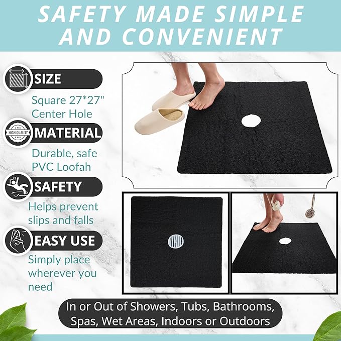 Enkosi Loofah Shower Mat with Drain Hole – Cushioned Anti-Slip Square Bath Mat for Showers, and Bathroom Floors – Textured PVC, Non Slip Safety Pad for Walk-in Stalls and Wet Areas (27x27 Black)