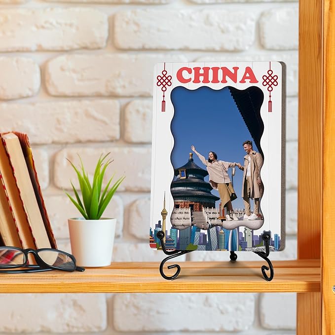 China Souvenir Gifts for Women Men, Travel Photo Frame Gifts for Family Friends, Honeymoon Present of Newlyweds Couples, Wooden Photo Frame with Stand, Home Office Desk Decor-C04
